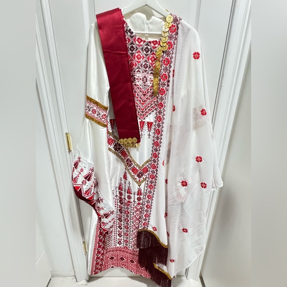 New Womens Henna Kaftan Thobe Satin Dress Red and White Size Small/Medium 4-6 - Picture 8 of 9